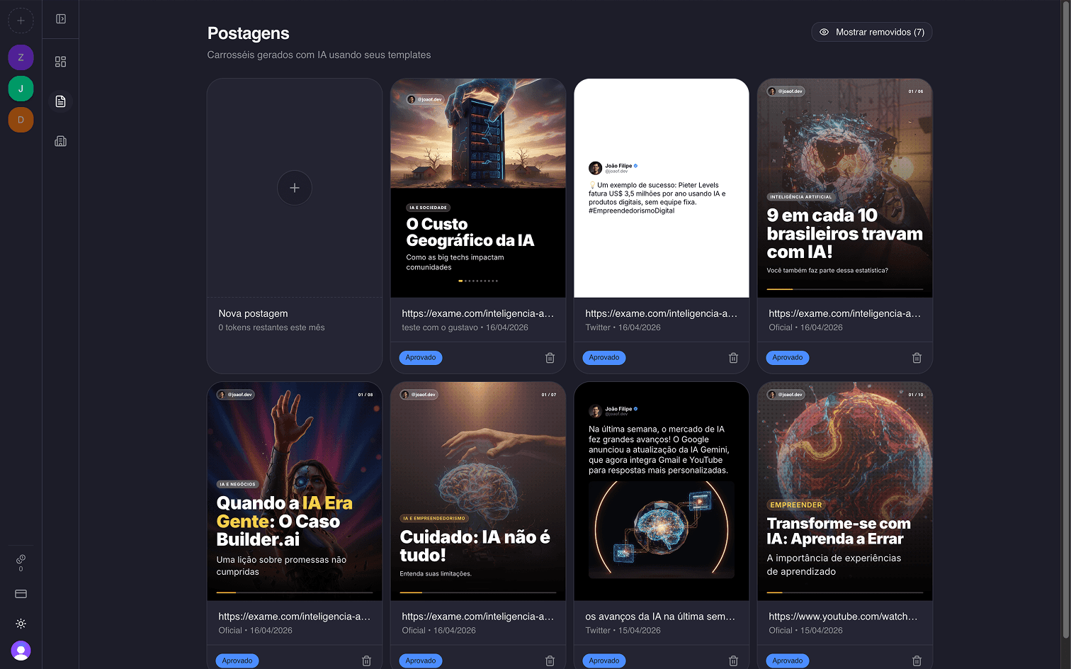 Biblioteca de posts do Kriativalab com carrosséis sobre IA gerados pela ferramenta